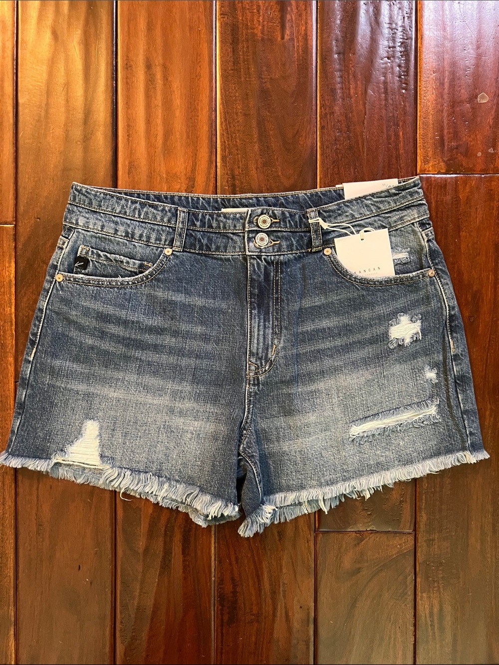 KanCan Distressed Blue Denim Jean Shorts with Frayed Hem